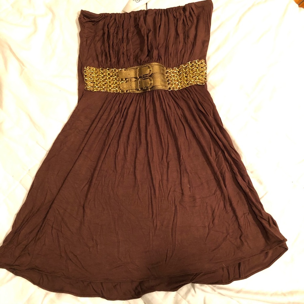 Sky strapless brown and gold dress